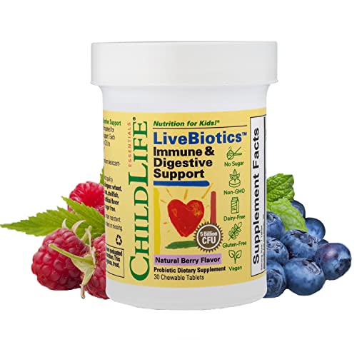 ChildLife Essentials LiveBiotics Immune & Digestive Support - Kids Probiotic, Contains Live Probiotics, Good for Digestion & Immune Support, Allergen-Free, Non-GMO - Natural Berry Flavor, 30 Tablets