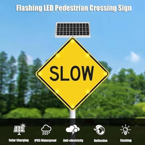 24" Solar-Powered LED Slow Down Warning Sign - Bright Flashing Traffic Sign with Engineer Grade Reflective Film for Enhanced Road Safety - Ideal for High-Visibility Traffic Control