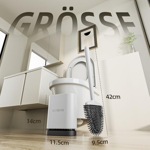 ASOBEAGE Silikon Toilettenbürste: Flexibler Kopf, Langer Griff, Wandmontage, schnell trocknender Halter für die Reinigung des Badezimmers (Weiß)