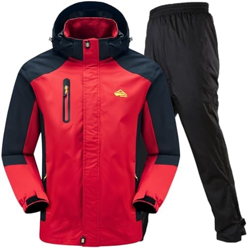 （20:30時点） [ベンケ] 【大雨でも快適】 レインウェア 登山 上下 メンズ アウトドアジャケット 釣り トザン ウェア レインパンツ マウンテンパーカー マウンテンジャケット 防水 撥水 カッパ 雨具 (レッド M)