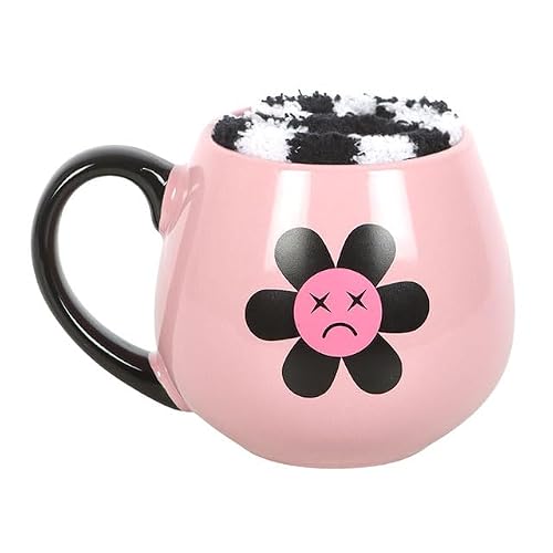 Something Different Wholesale Pink/Black Sad Flower Mug And Socks Gift Set | 500Ml Ceramic Mug With Checkerboard Socks | Quirky Alt Emo Gift | & Aesthetic | Gift Boxed