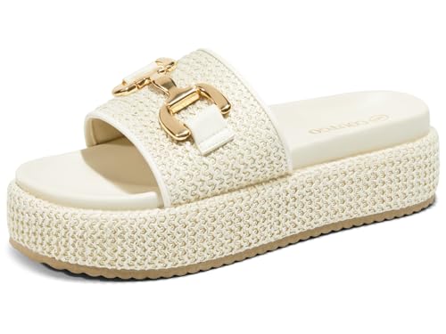 Image of Coutgo Womens Platform Sandals Raffia Espadrilles Metal Chain Slip on Open Toe Cute Beach Slide Sandals