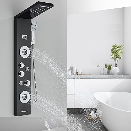Panneau de douche en acier inoxydable avec affichage de la température et 4 jets de massage (noir) Cover