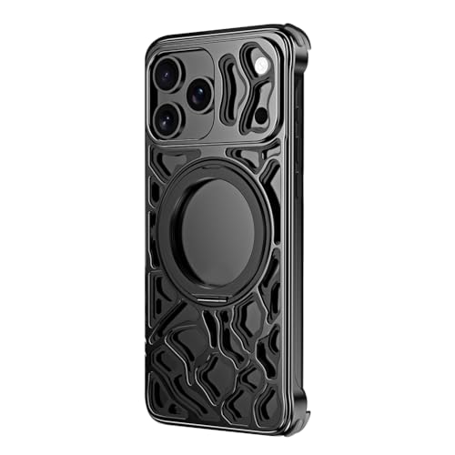XINYANDIN 適用対象iPhone 17 Pro Max/17 Pro用マグネットケース、スリムなフレームレスメタル放熱スマホケース、回転リングスタンド付き耐衝撃カバー,黒,17 ProMax