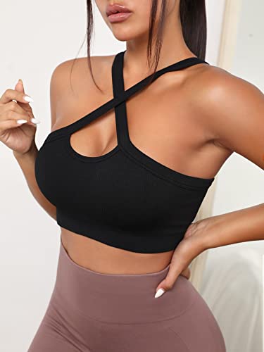 Cozyease Women's Criss Cross Ribbed Knit Sports Bra Seamless Crop Top Yoga Bras Black S #TOP3