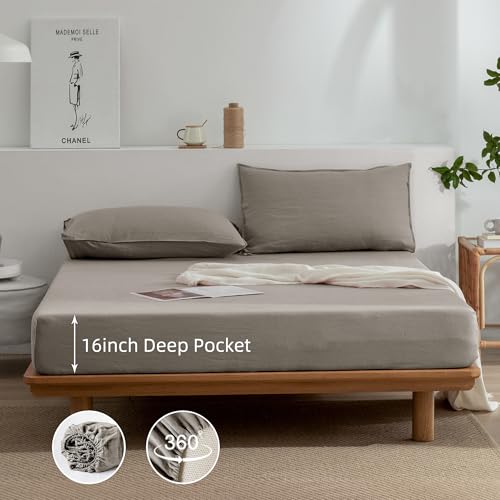 Image of EVERLY Linen Queen Size Sheets Set,100% French Washed Pure Linen Bed Deep Pocket Sheets,4Pieces(1Flat Sheet,1Fitted Sheet,2Pillowcases) Suitable for Hot Sleepers,180GSM Natural Linen Bedding Set