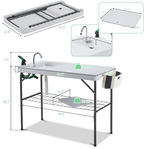 Spurgehom Outdoor Sink Fish Cleaning Table Portable Camping Table with Faucet Hose Hook Up Grid Rack, Fish Fillet Camping Sink Table for Picnic Beach Patio