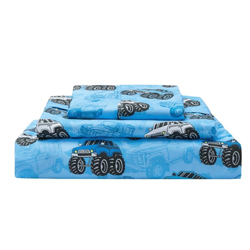 Softan Kids Full Size Bed Sheets 4-Piece Deep Pocket Trucks Pattern