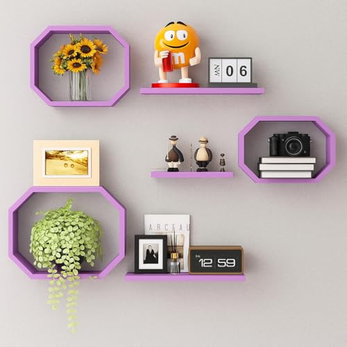 Image of Wall Mounted Floating Shelves Set of 6, Multipurpose Display, Book, Storage & Decor Shelves, Octagon Shape Wooden Wall Shelf for Living Room, Bedroom, Kitchen (Purple)