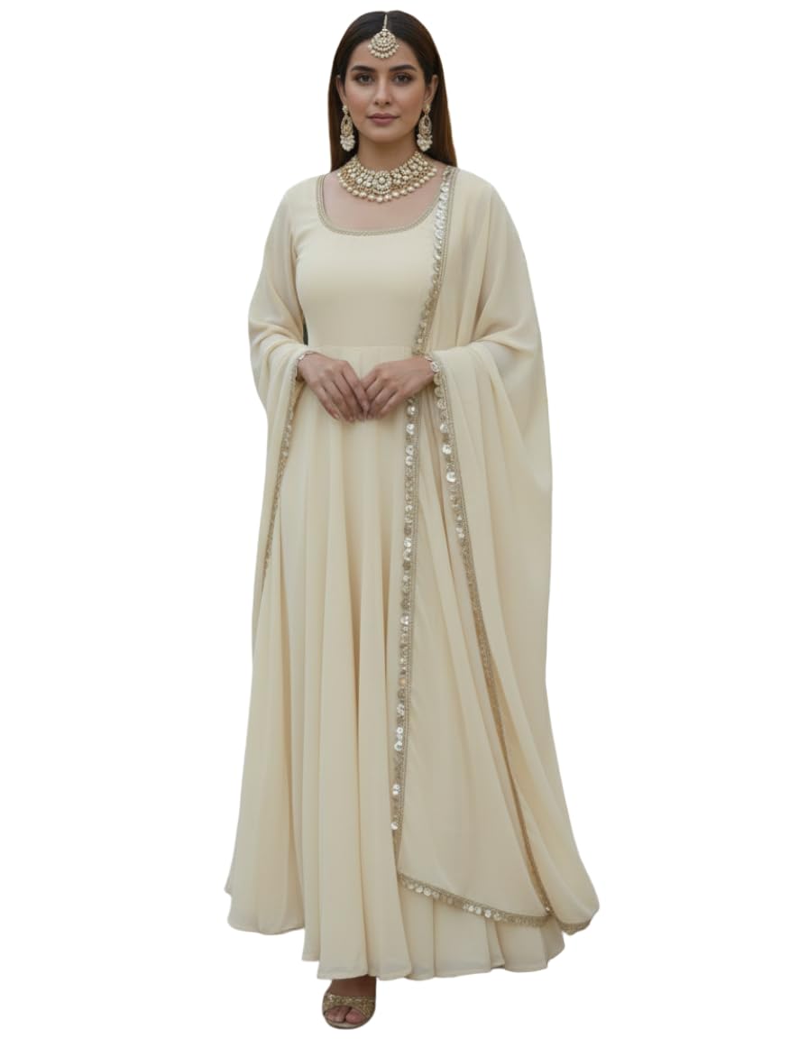 The Red Lion Enterprise women Ivory color Anarkali dress with Sequin Embroidered Boarder with Pant & Dupatta, Ivory, Large