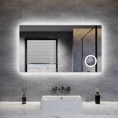 ELEGANT Bathroom Mirror with Shaver Socket 120x70cm, LED Illuminated Bathroom Mirror with 3x Magnifier, Defogging, 3 Lighting Modes, Dimmable, Touch Switch & Memory Function, IP44 Waterproof