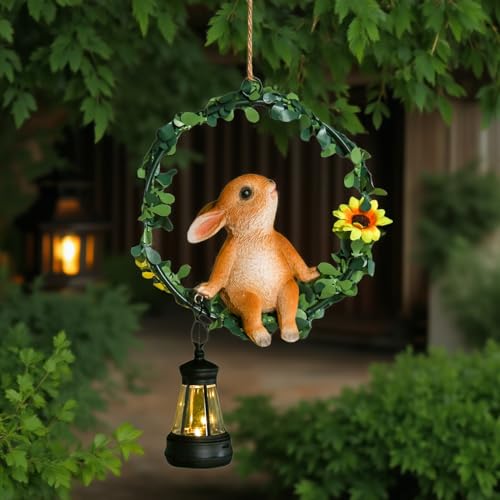 Lanterne solaire jardin suspendue couronne de fleurs lapin idée cadeau déco extérieur