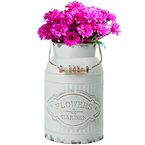 Belle Vous Weiße Rustikale Deko Blumenvase aus Metall - D12,8 x H20,5 cm - Galvanisierte Milchkanne Deko Vase im Shabby Chic Vintage Stil - Deko Landhausstil Vase für Haus- & Garten Tischdeko