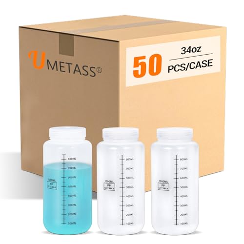 UMETASS 50Pack Reagent Bottle Plastic Sample Bottles with Screw Caps, 34oz Translucent PP Leak Proof Wide Mouth Liquids/Powder Container Medicine Jars for Liquids, Laboratory, Storage at Home