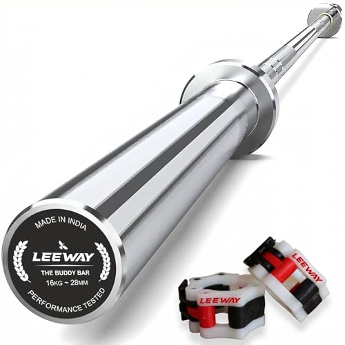 LEEWAY Olympic Barbell Rod 7 Feet 16kg Gym Rod | Weight Lifting Bar for Powerlifting| 50mm Sleeve, 28mm Grip| Chrome Straight Bar Bell for Squats, Dea