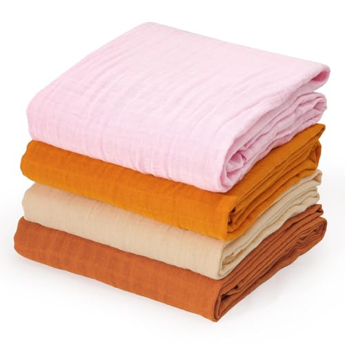 Image of david's kids 4 Pack Baby Muslin Swaddle Blankets 47" x 47", 100% Cotton Swaddling Blankets Wrap for Boys Girls, Ultra Soft Breathable Receiving Blanket, New Born Essentials, Brown&Pink&Ginger&Beige