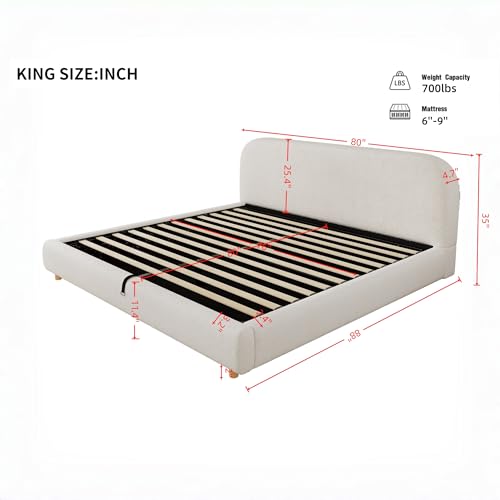 Merax King Size Hydraulic Lift Storage Bed Frame with Thick Curved Headboard, Luxurious Boucle Upholstered Platform Bed for Bedroom, Hidden Under-Bed Storage Space, No Box Spring Needed, White by Merax - Image 2