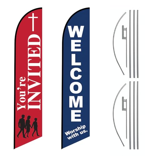 2 FFN - "Welcome Worship With Us" & "You're Invited" 15' FT Feather Banner Sign with Flag Pole Kit and Ground Spike - ( Pack Included 1 of each Flag with complete Pole Set ) - Perfect for churches looking to welcome visitors and Invite for worship attendance.