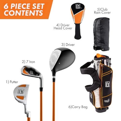 Image of PGA Tour Youth Golf Club Set for Ages 8-12 & 12+ (4'8 inch-5'10 inch), Right and Left-Handed Kids Golf Sets - Beginner Junior Golf Clubs with Lightweight Stand Bag, Mallet Putter, Hybrid, Driver