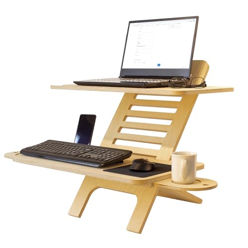 WOODCHES Adjustable Jumbo Wood Laptop Stand, Standing Desk Converter, Workstation Deskstand, Handmade Birch Plywood Tabletop, Home Office