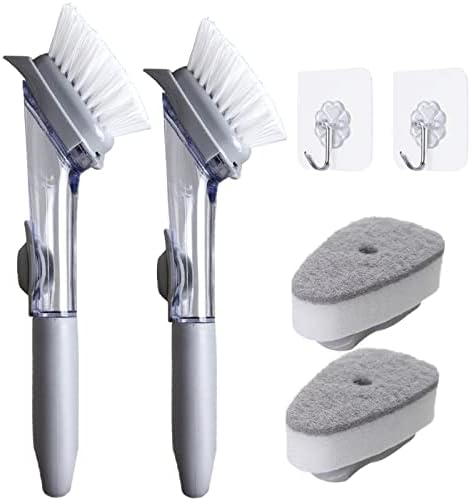 2 Pack Dish Sponge Scrubber Brush with Handle Soap Dispenser and 2 Dish Wand Refills Sponge Heads, Silicone Dish Cleaning Brush Scrubber Set for Usage Kitchen Sink Pots Pans Dishes with 2 Hooks
