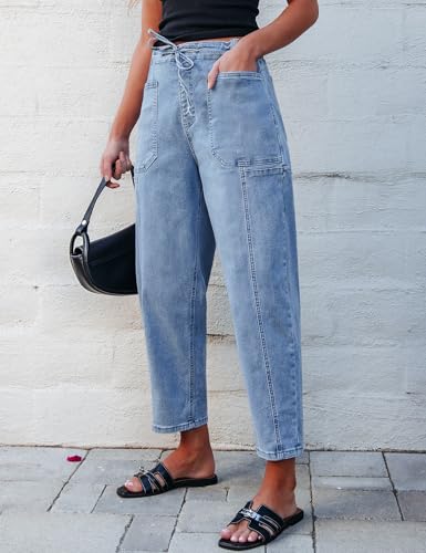 luvamia Barrel Jeans Women Trendy High Waisted Pull On Drawstring Elastic Waist Stretchy Denim Baggy Pants with Pocket2
