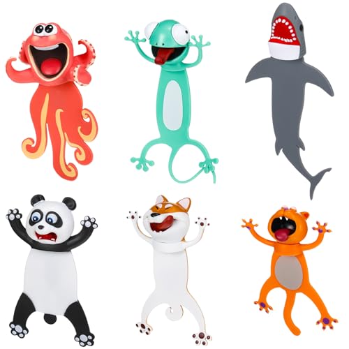 Zonon 6 Pcs 3D Funny Animal Bookmarks for Kids Wacky Cartoon Animal Bookmarks Set Cool Cute Squashed for Childrens Boys Girls Students Teachers School Supplies Fun Reading Gifts (Vibrant Style)