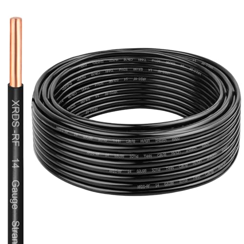 Image of THHN Wire 25 FT, Single Bare Copper Conductor, 14AWG Black Electrical Wire, Solid Building Wire 600V Nylon Sheath Cable for Indoor /Outdoor Applications