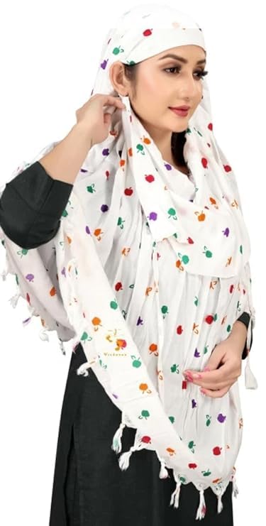 Image of Cotton Long Scarf Cum Mask Scarves Usable for Vehicle Driver | White Printed Design Fabric | Universal Size | Soft & Breathable Sun Protection | For Girl & Women