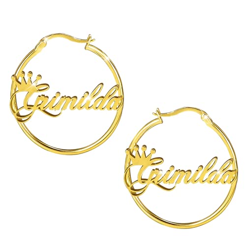 Motiel Name Earrings Gold Crown Hoop Personalized Name Earrings Personalized Gold Earrings For Women Girls Ladies (Yellow Gold) #TOP12