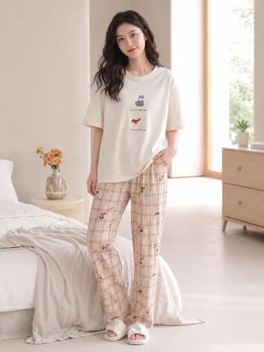 Image of Celary Women's Cotton Blend Printed Night Suit Set||Soft & Breathable Short Sleeve Top & Ethnic Print Pyjama Set||Also Available in Plus Size||Korean Night Suit||Comfortable Home Wear & Sleepwear