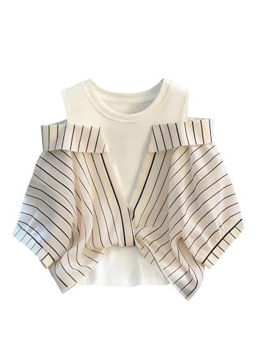 SweatyRocks Women's Cold Shoulder Striped Blouses Twist Half Sleeve Crewneck