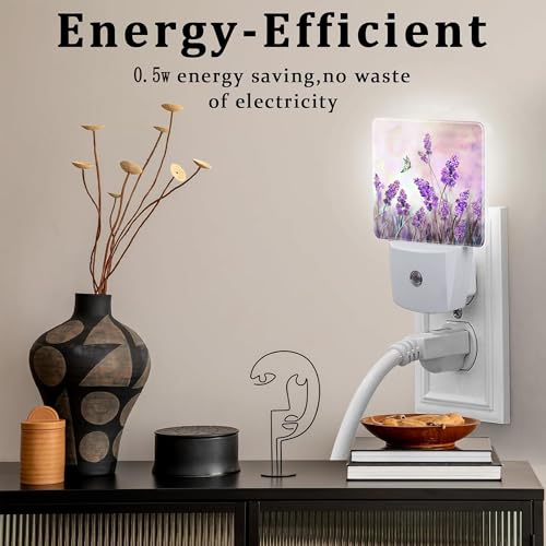 Image of Purple Lavander Flowers Butterfly Night Light Plug into Wall,Watercolor Lavander Floral Dusk to Dawn Night Light,0.5w Energy Saving Sleep Friendly Nightlights for Kids Boys Girls Home
