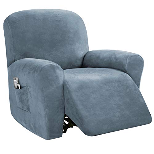 PrinceDeco Recliner Chair Cover Velvet Recliner Couch Covers,4-Piece,StoneBlue