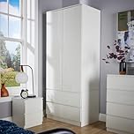 Home Source 2 Door Wardrobe, High Gloss Front Spacious Closet Organiser, Bedroom Dresser Storage Cabinet, 2 Drawer, White