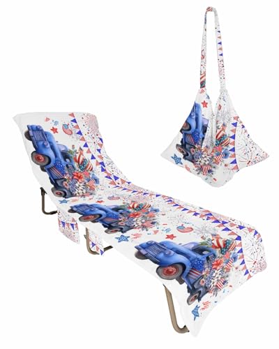 Blue Truck 4th of July Beach Lounge Chair Towel Cover, Soft Chaise Lounge Towel with Side Pockets Patio Pool Chairs Cover for Beach/Pool Sunbathing 29x85 Blue Red Floral Star Fireworks