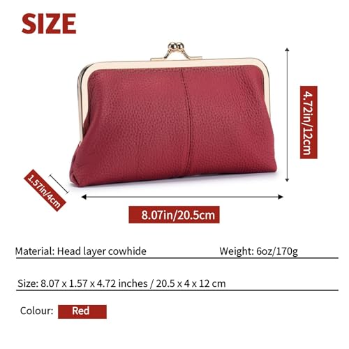 New Women's Evening Bag, Long Wallet Retro Leather Clutch with Kissing Clasp Zipper Card Slot red3