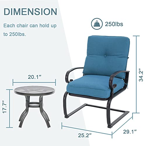 Incbruce Outdoor Furniture 3Pcs Patio Bistro Set, Springs Motion Chairs and Bistro Round Table Set, Metal Small Patio Conversation Set with Cushions (Peacock Blue)