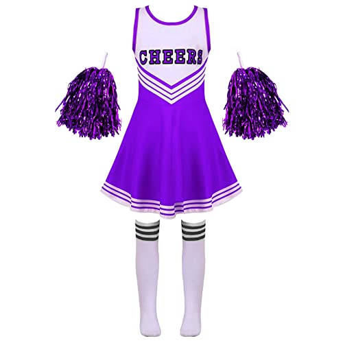 inlzdz Fille Uniform Ecolière Costume Cheerleading Ensemble High School Musical Pom-Pom Gril Costume Haut Débardeur & Jupe-Short Evasée &Chausette Costume Champion 4-14 Ans B Violet 11-12 Ans Cover