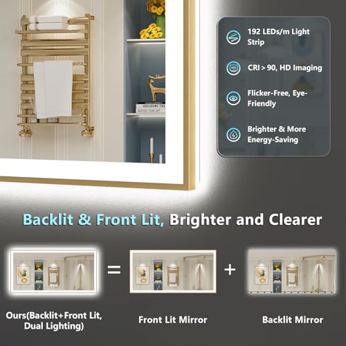 Image of 72x32 Gold LED Bathroom Mirror with Lights, Brushed Gold Framed Backlit and Front Lit Anti-Fog Lighted Vanity Mirrors for Bathroom Wall, Dimmable, 3 Colors, Memory, HD Tempered Glass, CRI 95