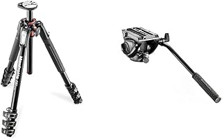 Manfrotto 190XPRO Aluminium 4 Section Tripod with Horizontal Column & MVH500AH, Lightweight Fluid Video Head with Flat Base, Sliding Plate for Rapid Camera Connection, Supports Multiple Tripods
