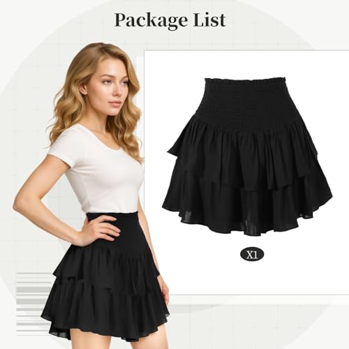 Cute Black Ruffle Skirt, Three-Tiered Design With Stretchy Waistband, Short Length, Breathable Fabric, Perfect For Casual Or Party Wear3