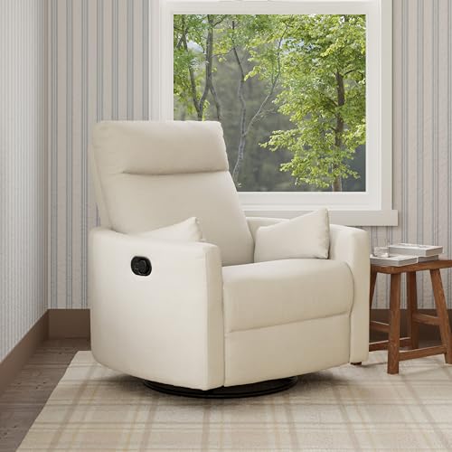Image of Davinci Atlas Upholstered Recliner and Swivel Glider in Vanilla | Nursery Glider Chair with High Back, Padded Armrests, and Bolster Pillows | Smooth Recline for Nursing and Feeding
