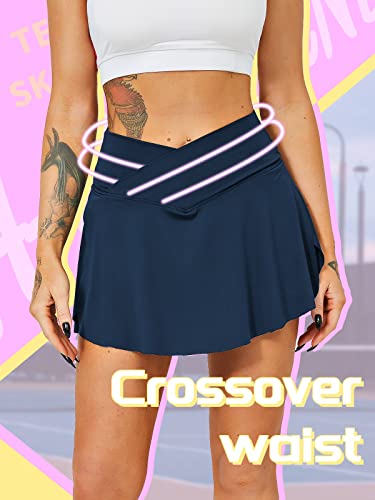HAWILAND Tennisrock Damen - Hosenrock Crossover Waist V-Bund Tennis Skort mit Taschen Golfrock für Radfahren Wandern Laufen #1 Dunkelblau S