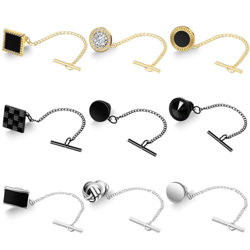 Misdary 9 Pcs Tie Tacks for Men Tie Pin with Chain Black Silver Gold Tack Clutch for Wedding Birthday Business Anniversary