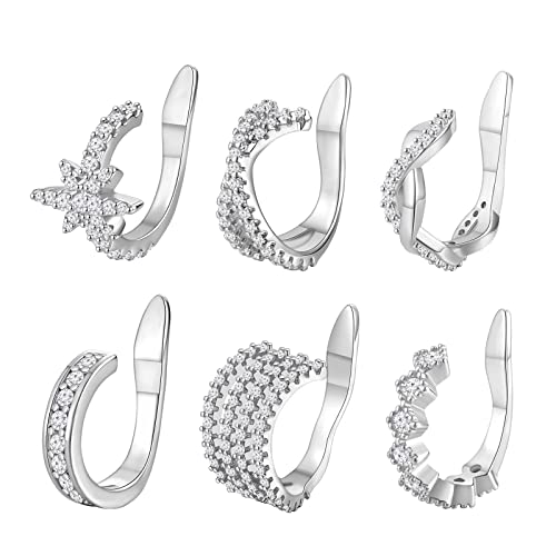 Qzstlcgw 6Pcs Sparkling Cubic Zirconia 14K Gold Sterling Silver Plated Huggie Ear Cuff Earrings For Women Girls, Non-Piercing Fake Helix Cartilage Clip On Cuff Earrings Adjustable Hoop Stud Earrings For Women Men (B-Silver-6Pcs) #TOP12