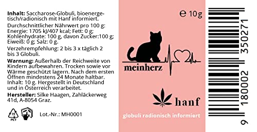 mein herz Hanf Globuli - aus Liebe zu ihrer Katze - Natürliche Hilfe bei Unruhe, Angst, Schmerz, und Zellaufbau, bioenergetisch/radionisch mit Hanf informiert.