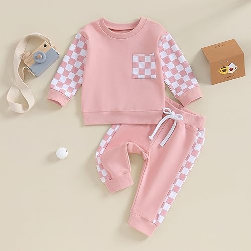 mlpeerw Toddler Baby Girl Outfits Long Sleeve Checkerboard Pullover Sweatshirt Pants Sets Newborn Infant Fall Winter Clothes (pink, 18-24 Months) - Thumbnail 2