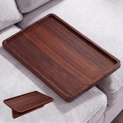 Couch Tray for Sectionals Cup Holder Sofa Tray with Foldable Insert 8x12 Couch Table Tray with Solid Pine Wood (Brown)