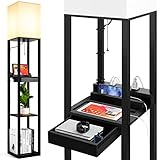 Tall Floor Lamp with Shelves and Drawer, Solid Wood Standing Lamp with 2 USB Charging Ports & 1...